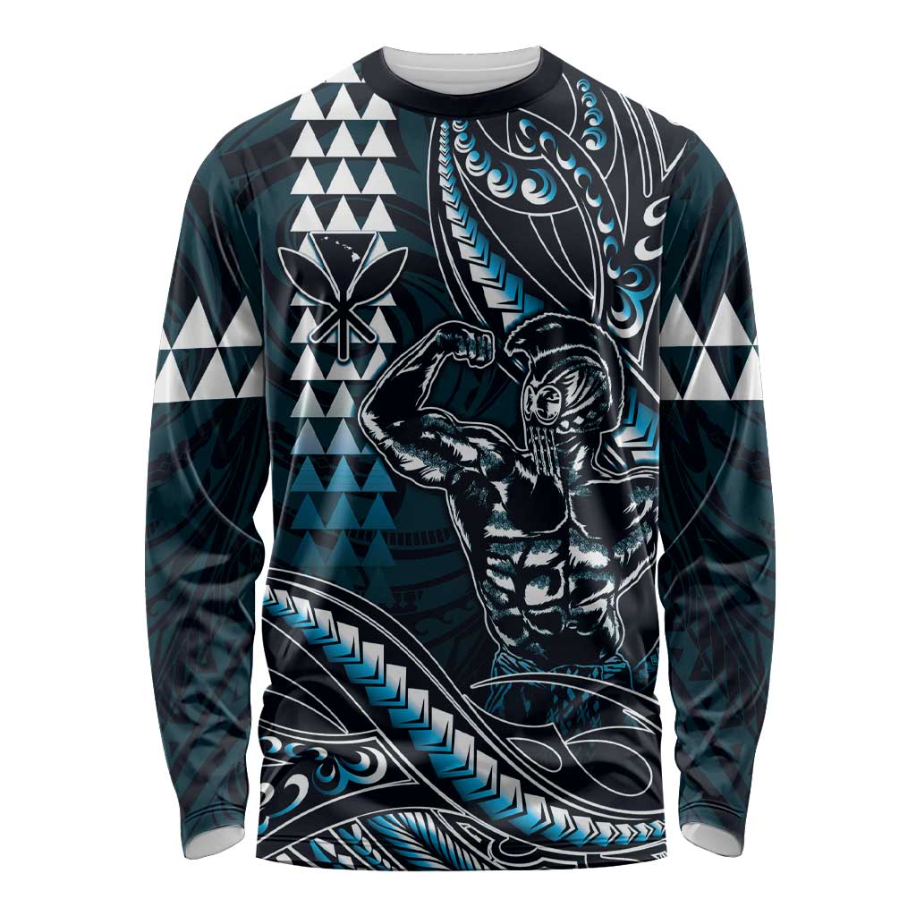 Hawaii Ikaika Warrior Helmet Long Sleeve Shirt Blue Tribal Tattoo LT05 Unisex Blue - Polynesian Pride