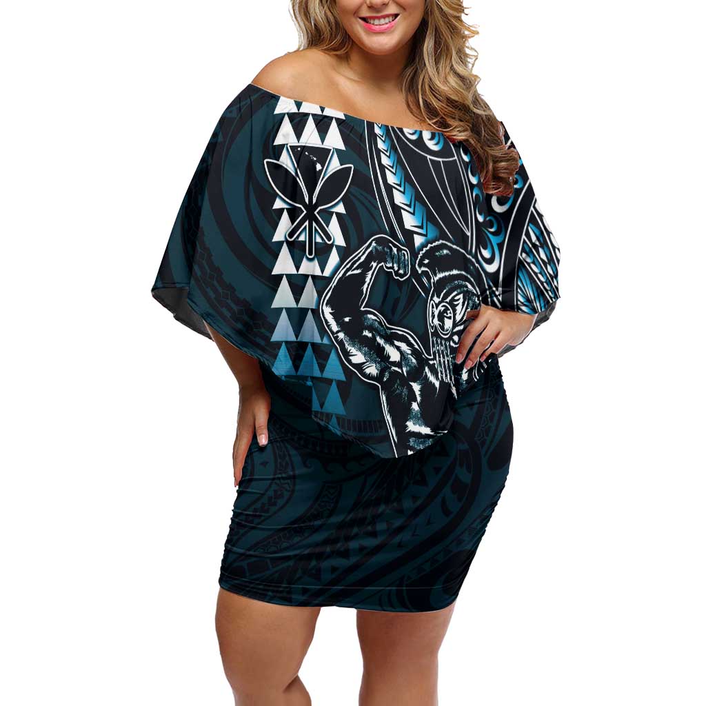 Hawaii Ikaika Warrior Helmet Off Shoulder Short Dress Blue Tribal Tattoo LT05 Women Blue - Polynesian Pride