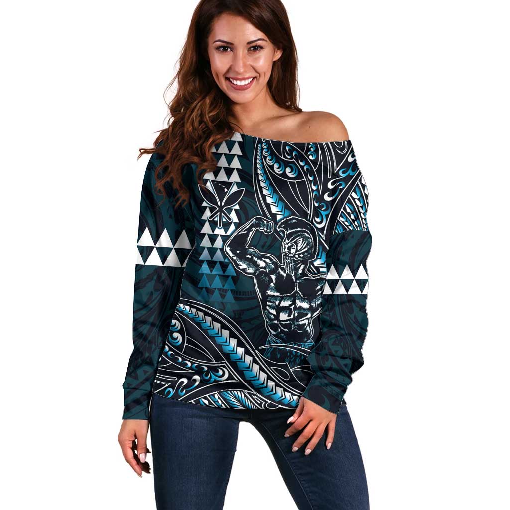 Hawaii Ikaika Warrior Helmet Off Shoulder Sweater Blue Tribal Tattoo LT05 Women Blue - Polynesian Pride
