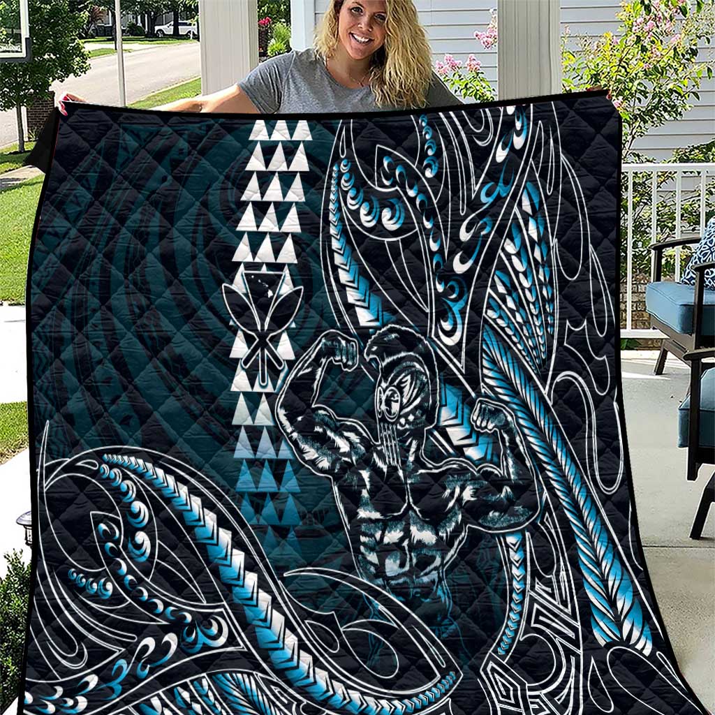 Hawaii Ikaika Warrior Helmet Quilt Blue Tribal Tattoo LT05 Blue - Polynesian Pride