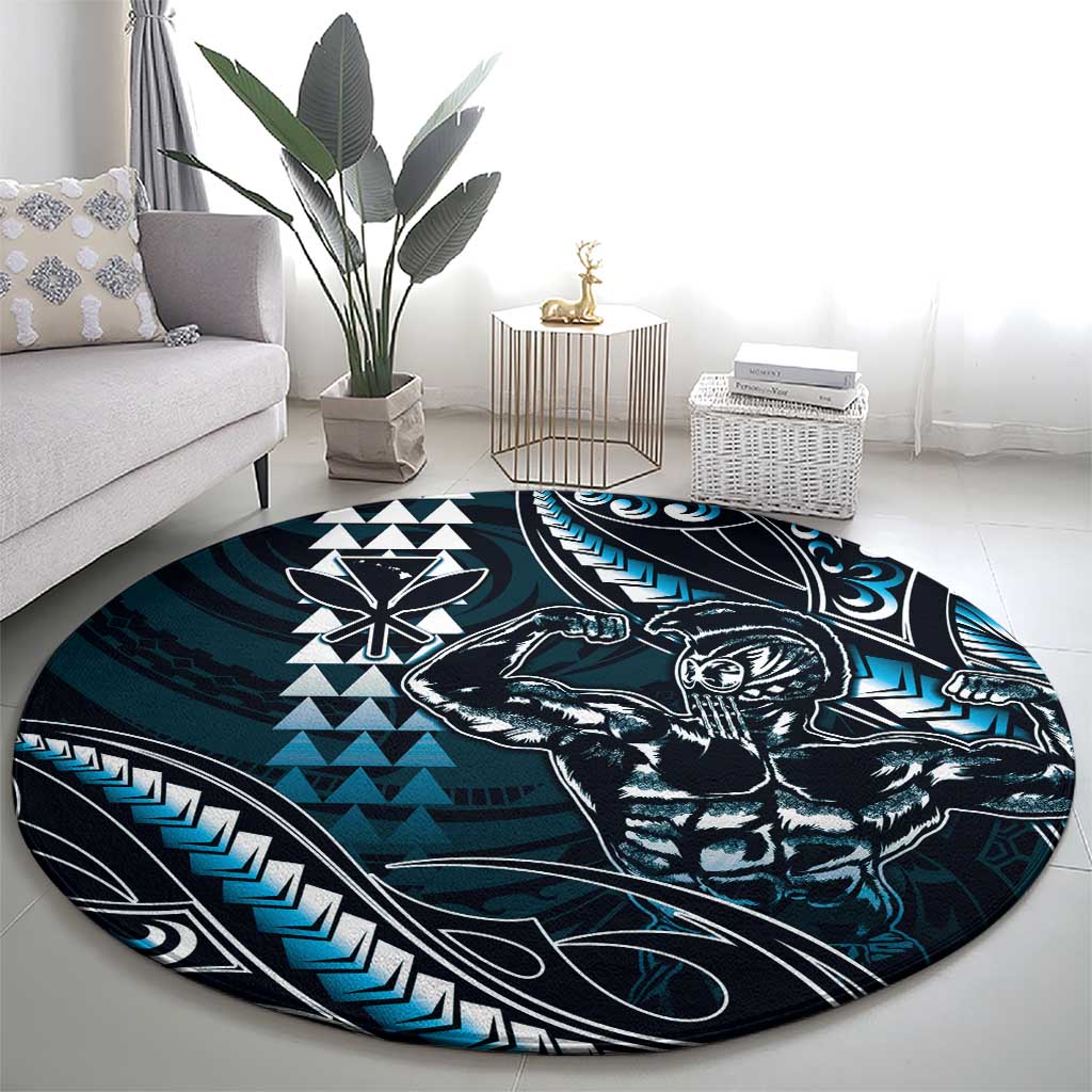 Hawaii Ikaika Warrior Helmet Round Carpet Blue Tribal Tattoo LT05 - Polynesian Pride