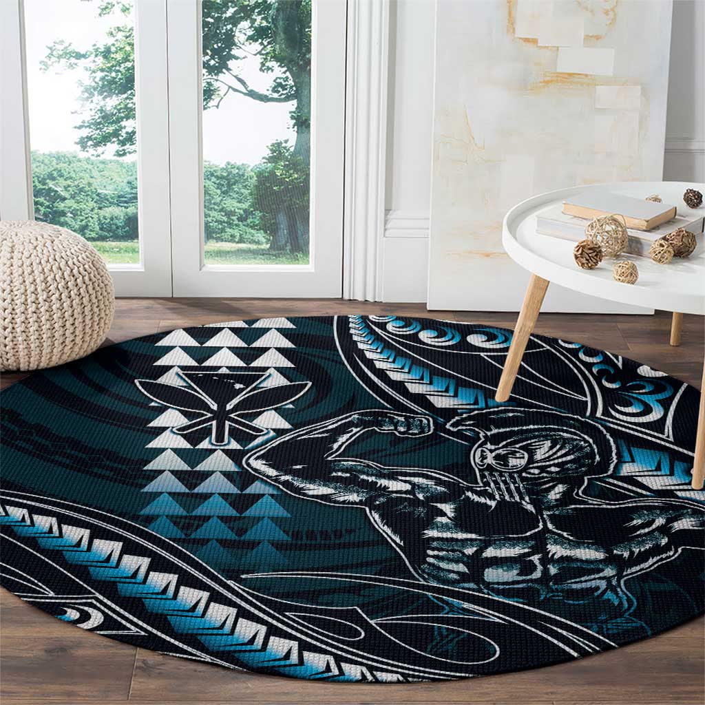 Hawaii Ikaika Warrior Helmet Round Carpet Blue Tribal Tattoo LT05 - Polynesian Pride