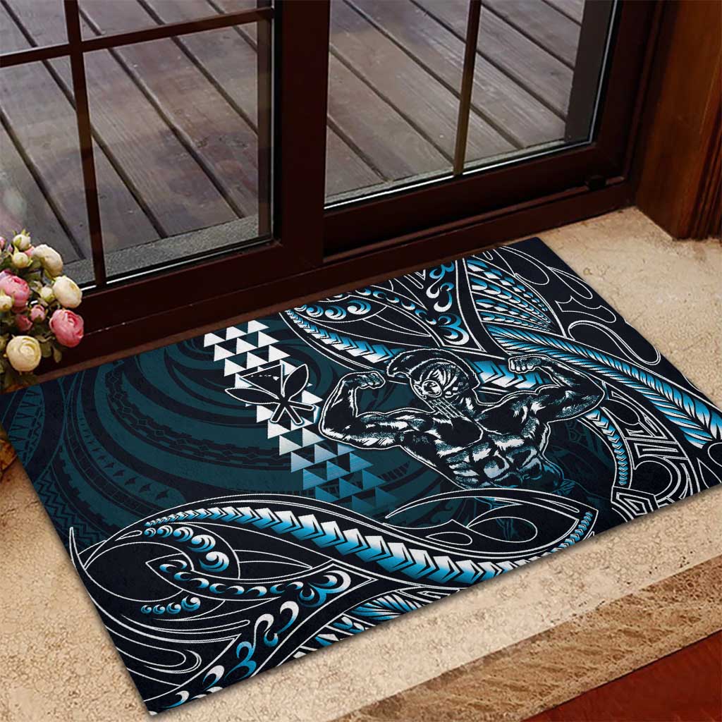 Hawaii Ikaika Warrior Helmet Rubber Doormat Blue Tribal Tattoo LT05 - Polynesian Pride