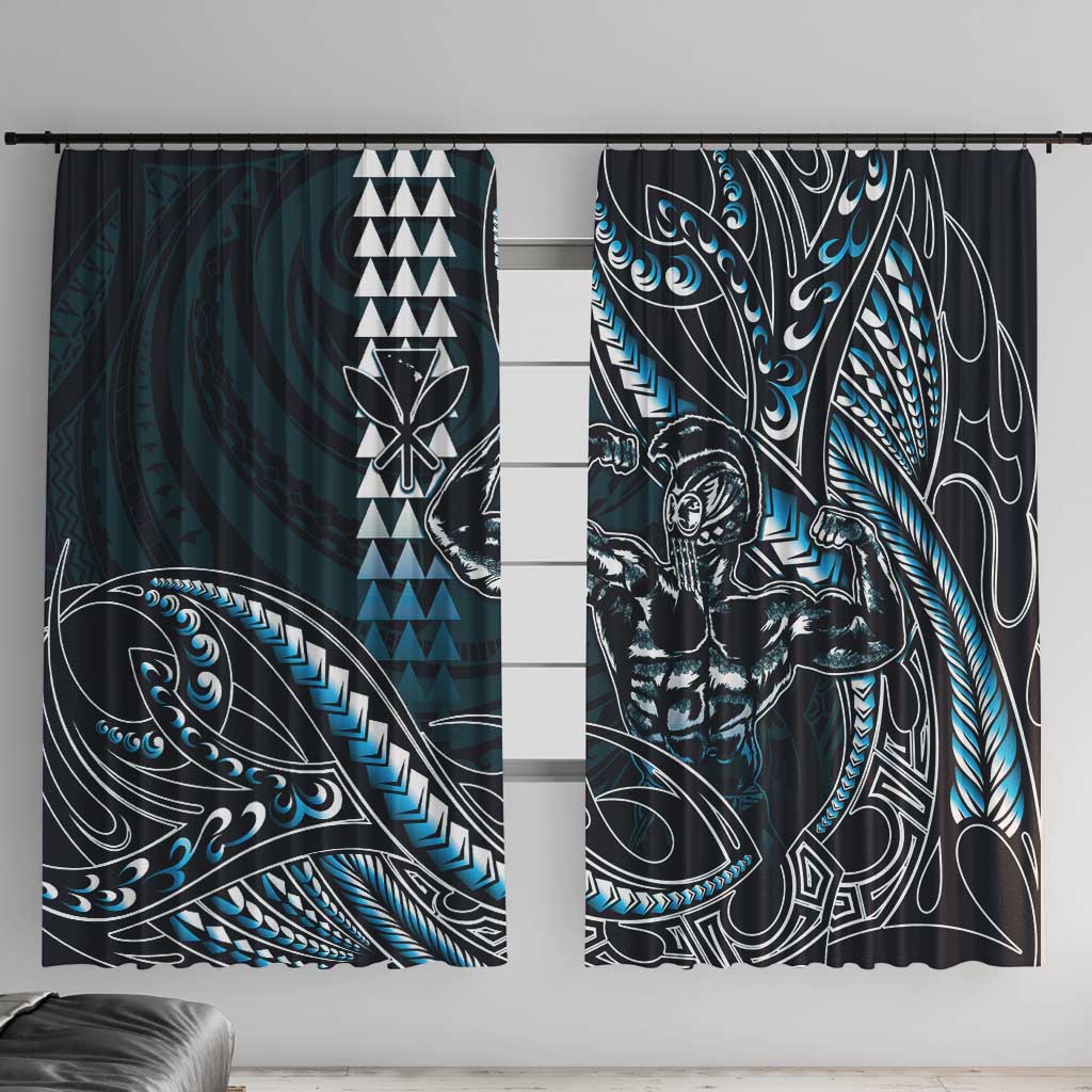 Hawaii Ikaika Warrior Helmet Window Curtain Blue Tribal Tattoo LT05 With Hooks Blue - Polynesian Pride