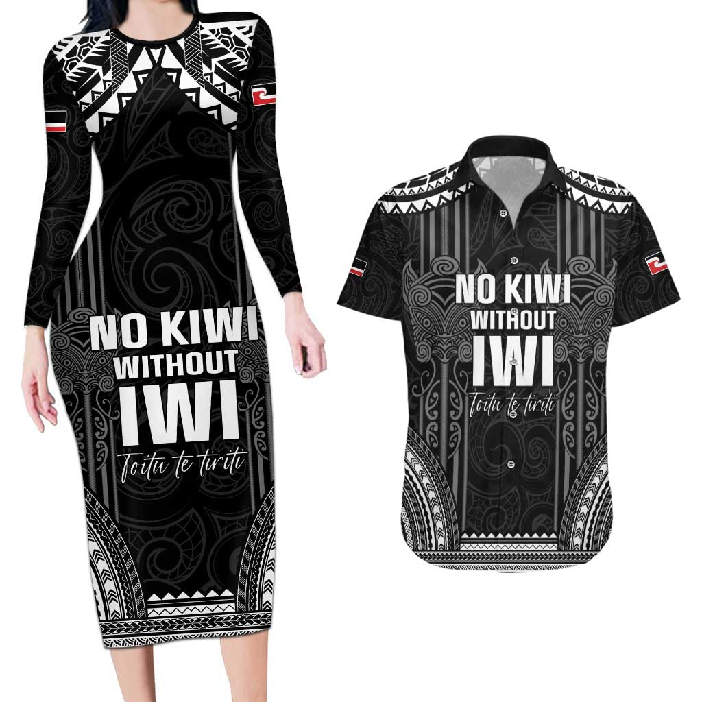 Aotearoa Toitu Te Tiriti Couples Matching Long Sleeve Bodycon Dress and Hawaiian Shirt No Kiwi Without Iwi