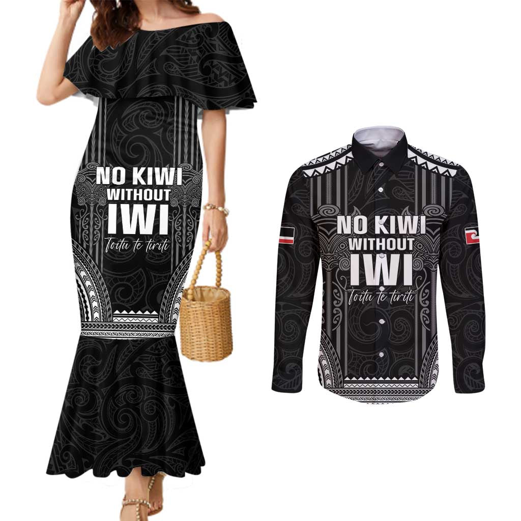 Aotearoa Toitu Te Tiriti Couples Matching Mermaid Dress and Long Sleeve Button Shirt No Kiwi Without Iwi