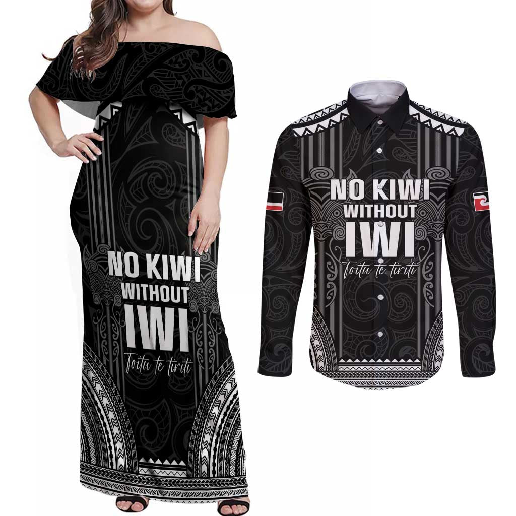 Aotearoa Toitu Te Tiriti Couples Matching Off Shoulder Maxi Dress and Long Sleeve Button Shirt No Kiwi Without Iwi