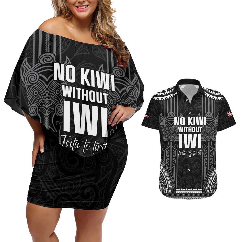 Aotearoa Toitu Te Tiriti Couples Matching Off Shoulder Short Dress and Hawaiian Shirt No Kiwi Without Iwi