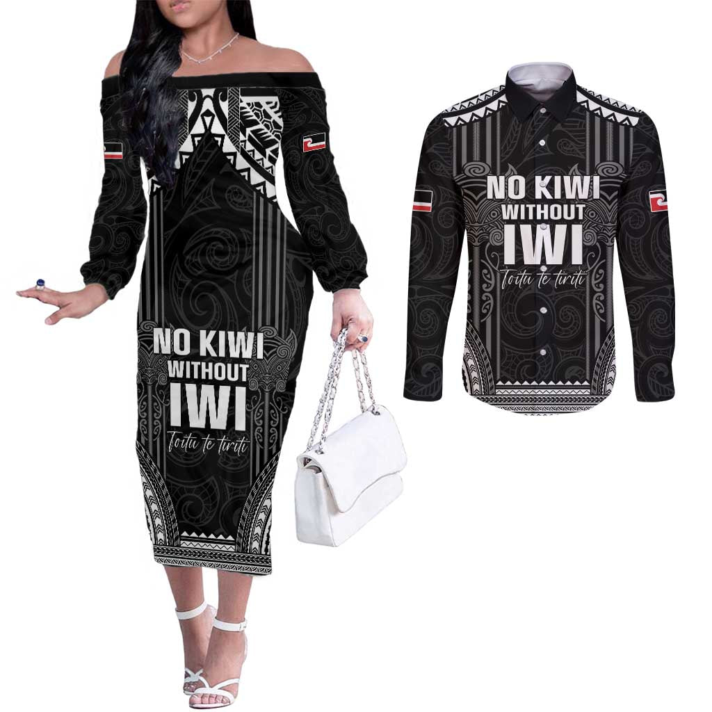 Aotearoa Toitu Te Tiriti Couples Matching Off The Shoulder Long Sleeve Dress and Long Sleeve Button Shirt No Kiwi Without Iwi