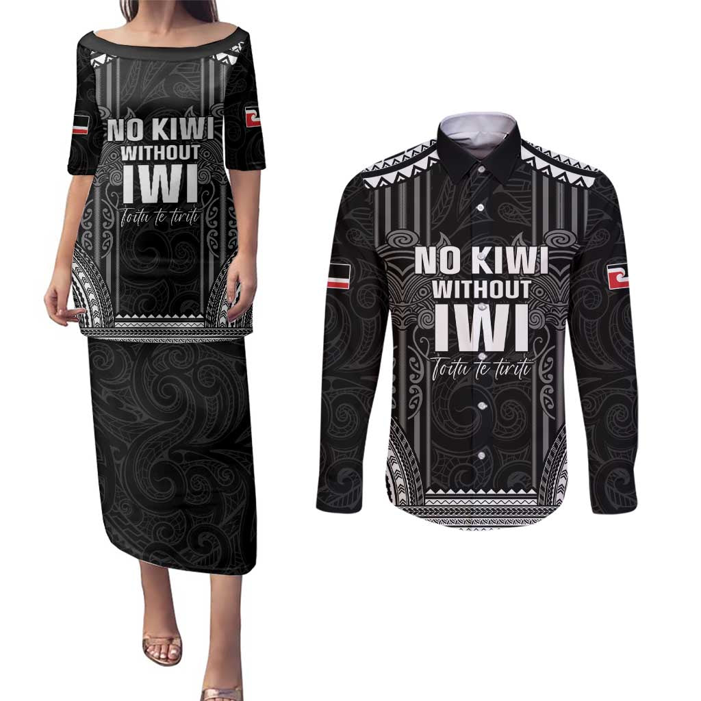 Aotearoa Toitu Te Tiriti Couples Matching Puletasi and Long Sleeve Button Shirt No Kiwi Without Iwi