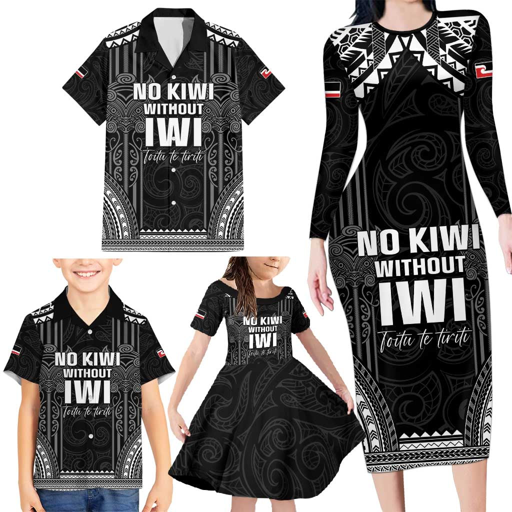 Aotearoa Toitu Te Tiriti Family Matching Long Sleeve Bodycon Dress and Hawaiian Shirt No Kiwi Without Iwi