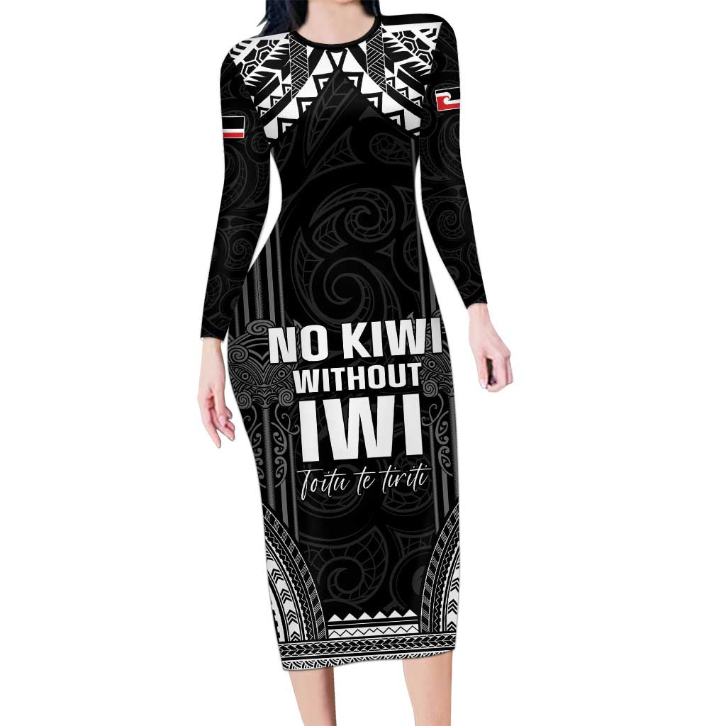 Aotearoa Toitu Te Tiriti Long Sleeve Bodycon Dress No Kiwi Without Iwi LT05 Long Dress Black - Polynesian Pride