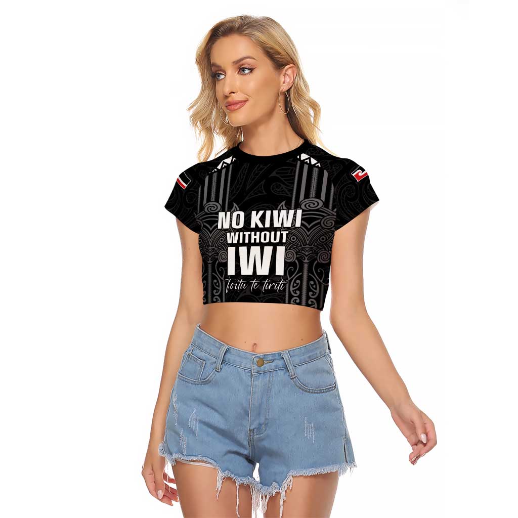 Aotearoa Toitu Te Tiriti Raglan Cropped T Shirt No Kiwi Without Iwi LT05 Female Black - Polynesian Pride