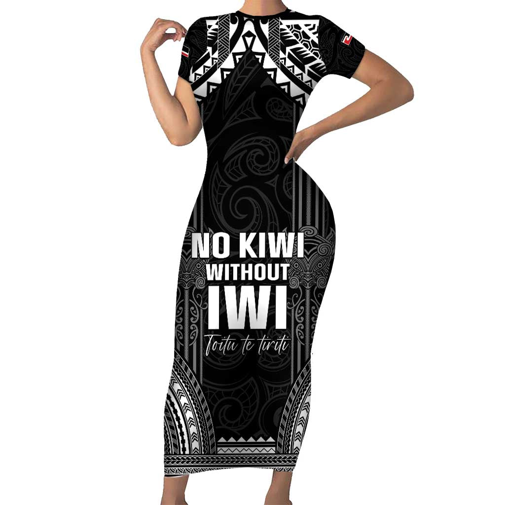 Aotearoa Toitu Te Tiriti Short Sleeve Bodycon Dress No Kiwi Without Iwi LT05 Long Dress Black - Polynesian Pride