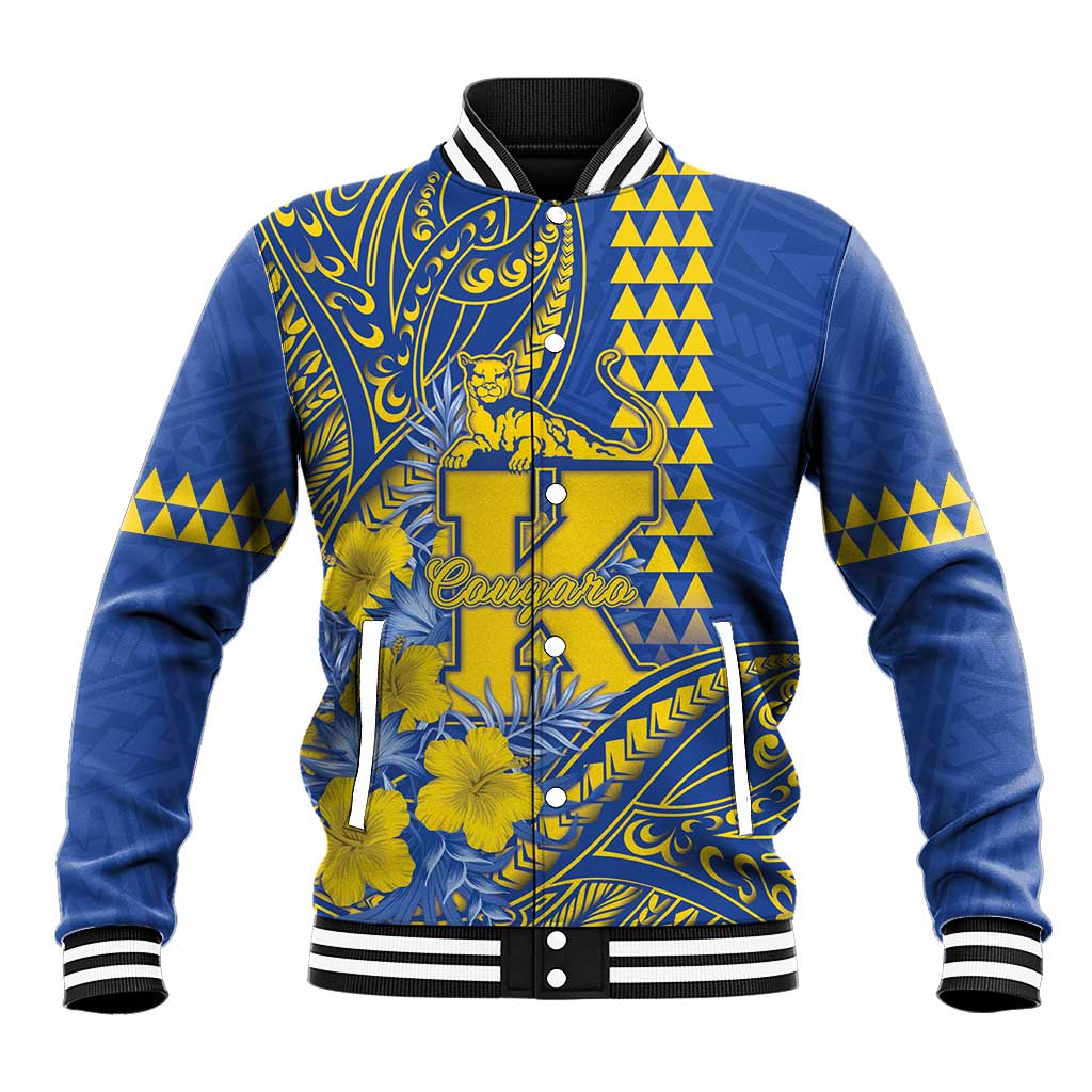 Personalised Hawaii Kaiser High School Baseball Jacket Tribal Tattoo With Hibiscus Flowers LT05 Unisex Blue - Polynesian Pride