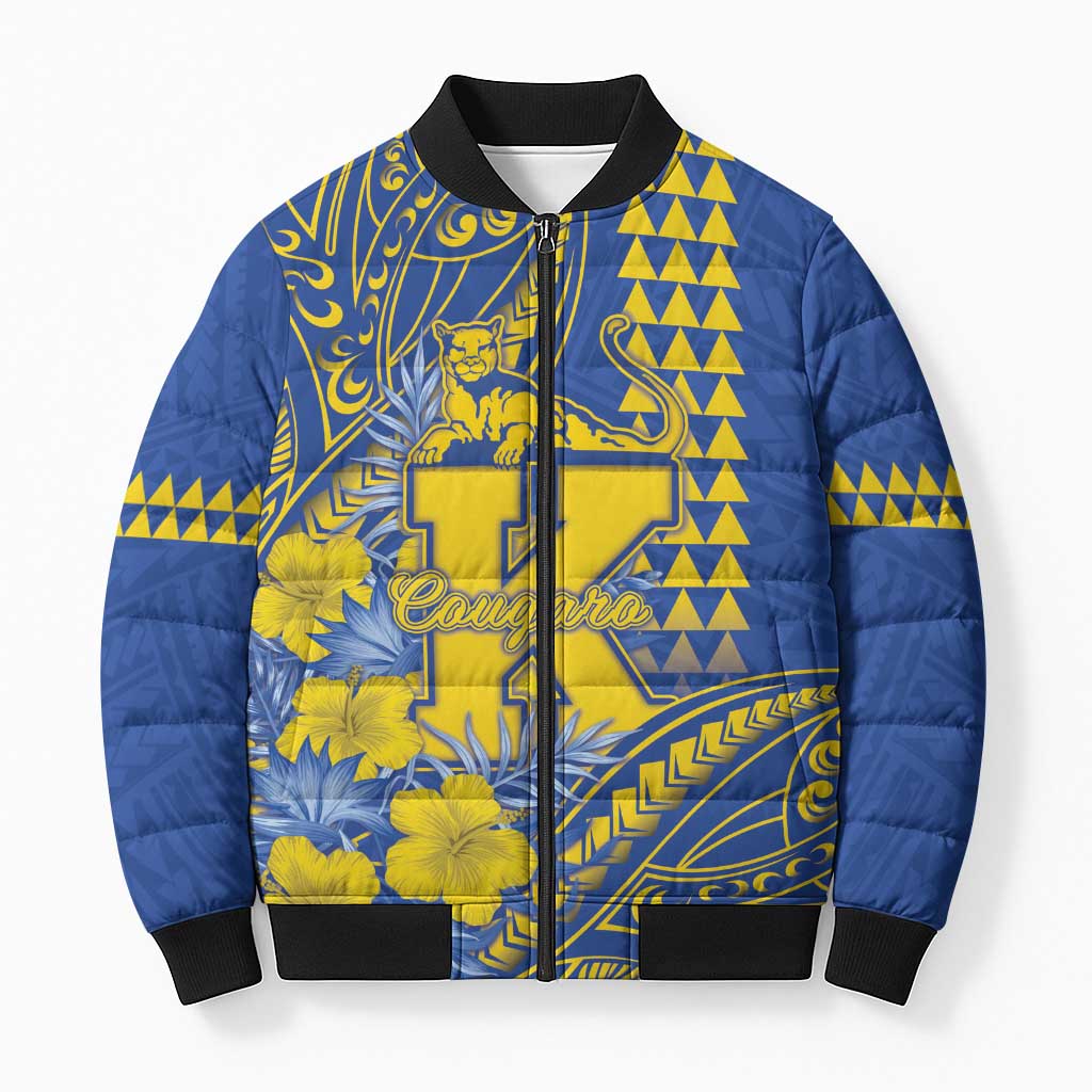 Personalised Hawaii Kaiser High School Bomber Puffer Jacket Tribal Tattoo With Hibiscus Flowers LT05 Unisex Blue - Polynesian Pride