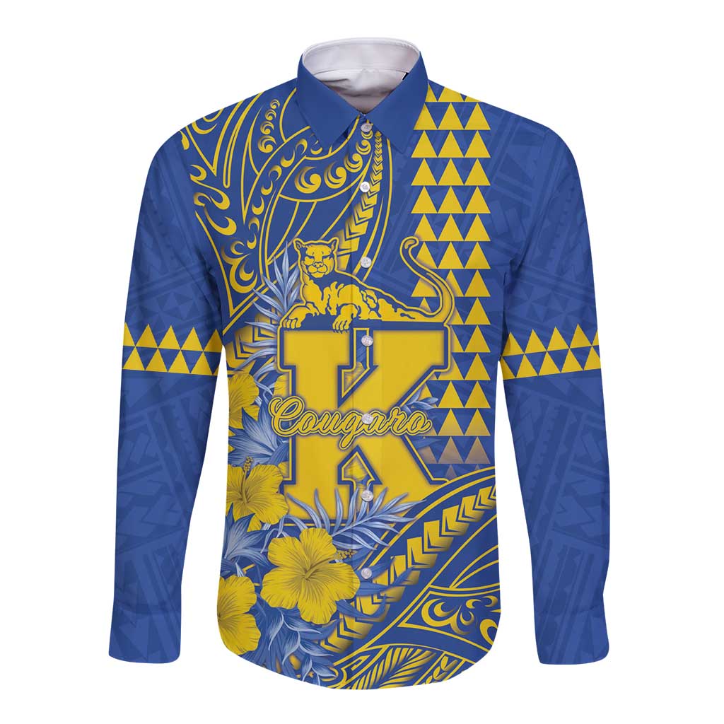 Personalised Hawaii Kaiser High School Long Sleeve Button Shirt Tribal Tattoo With Hibiscus Flowers LT05 Unisex Blue - Polynesian Pride