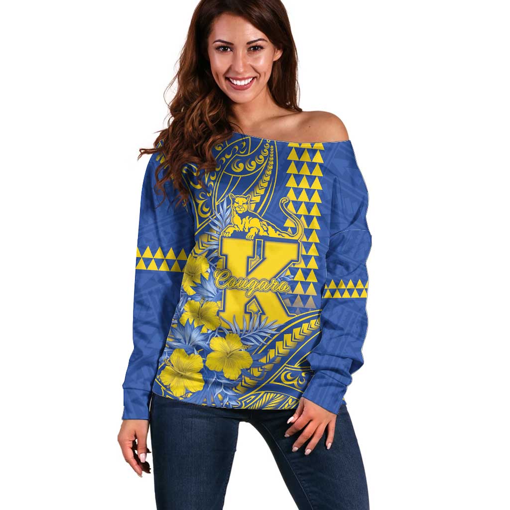 Personalised Hawaii Kaiser High School Off Shoulder Sweater Tribal Tattoo With Hibiscus Flowers LT05 Women Blue - Polynesian Pride