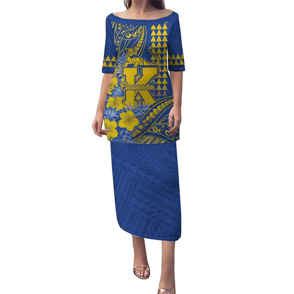 Personalised Hawaii Kaiser High School Puletasi Tribal Tattoo With Hibiscus Flowers LT05 Long Dress Blue - Polynesian Pride