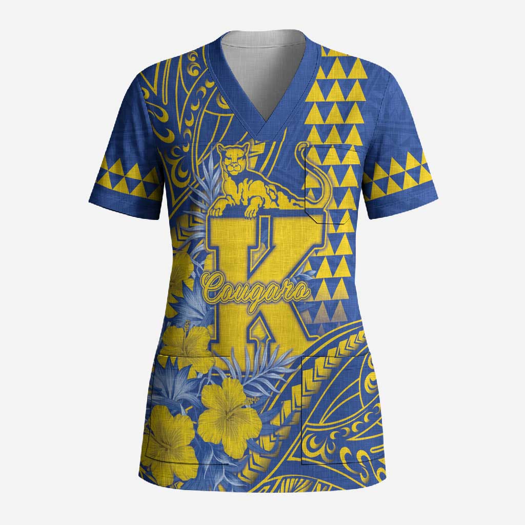 Personalised Hawaii Kaiser High School Scrub Top Tribal Tattoo With Hibiscus Flowers LT05 Adult Blue - Polynesian Pride