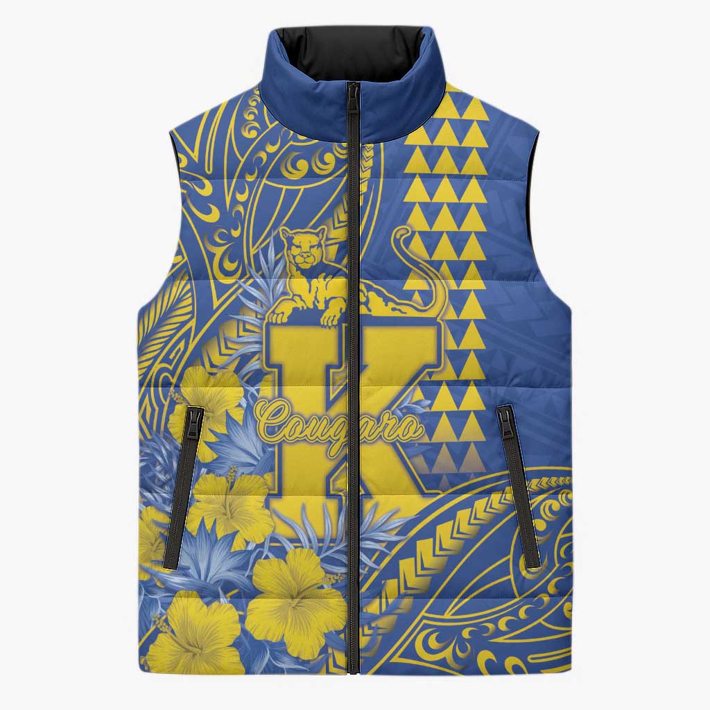 Personalised Hawaii Kaiser High School Sleeveless Puffer Jacket Tribal Tattoo With Hibiscus Flowers LT05 Unisex Blue - Polynesian Pride