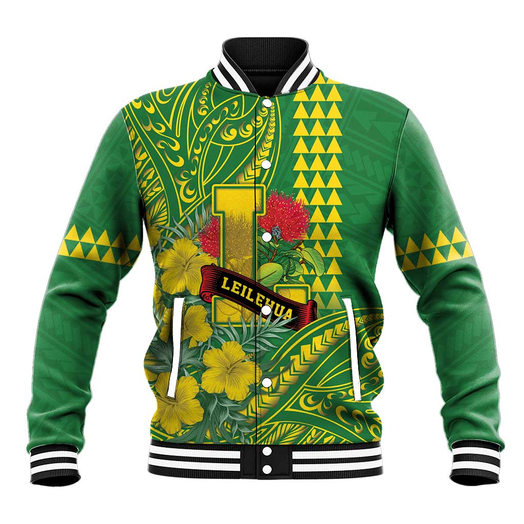 Personalised Hawaii Leilehua High School Baseball Jacket Tribal Tattoo With Hibiscus Flowers LT05 Unisex Green - Polynesian Pride