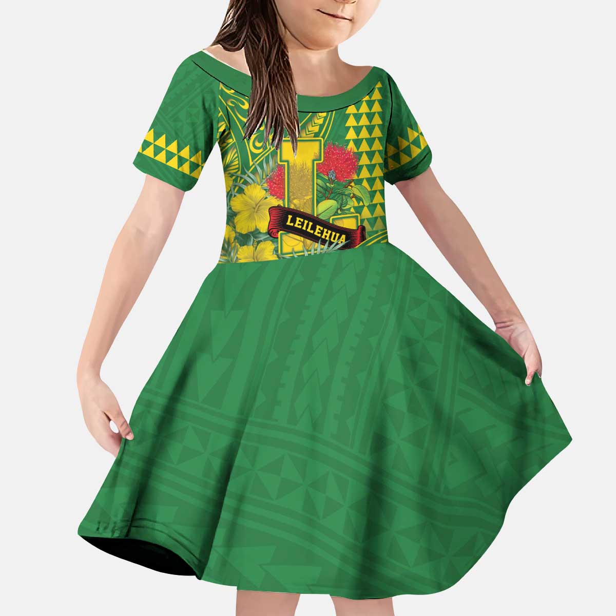 Personalised Hawaii Leilehua High School Kid Short Sleeve Dress Tribal Tattoo With Hibiscus Flowers LT05 KID Green - Polynesian Pride
