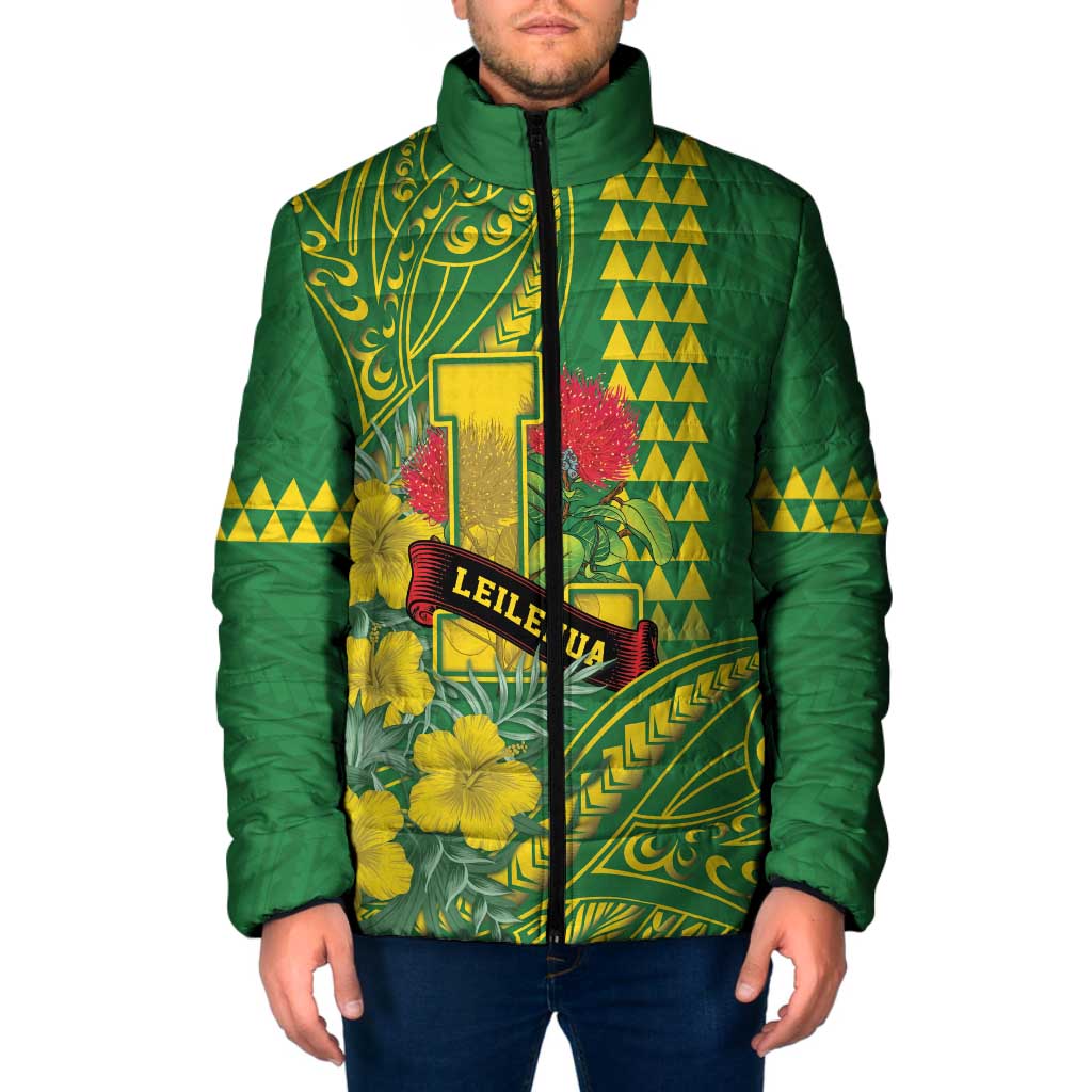 Personalised Hawaii Leilehua High School Padded Jacket Tribal Tattoo With Hibiscus Flowers LT05 Men Green - Polynesian Pride