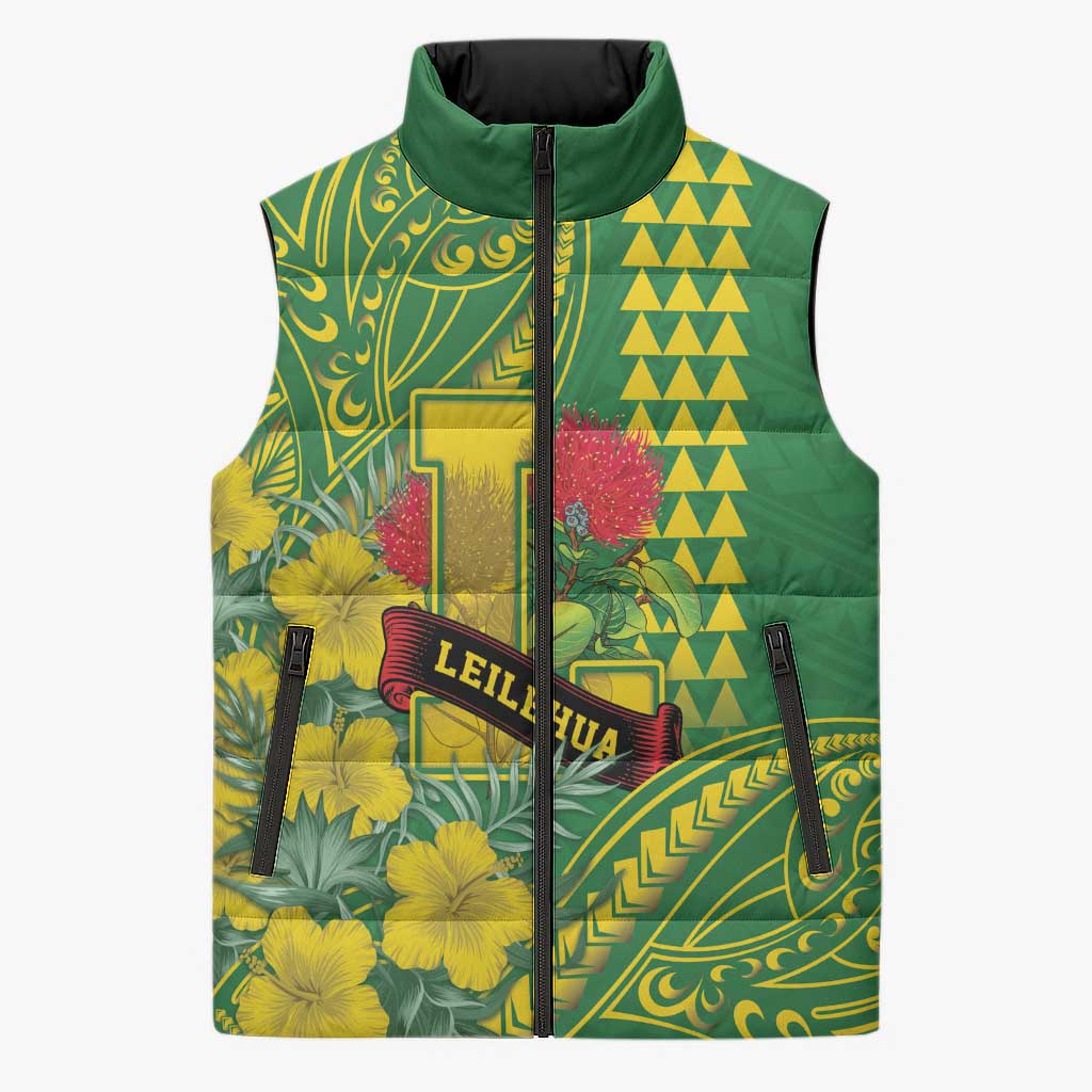 Personalised Hawaii Leilehua High School Sleeveless Puffer Jacket Tribal Tattoo With Hibiscus Flowers LT05 Unisex Green - Polynesian Pride