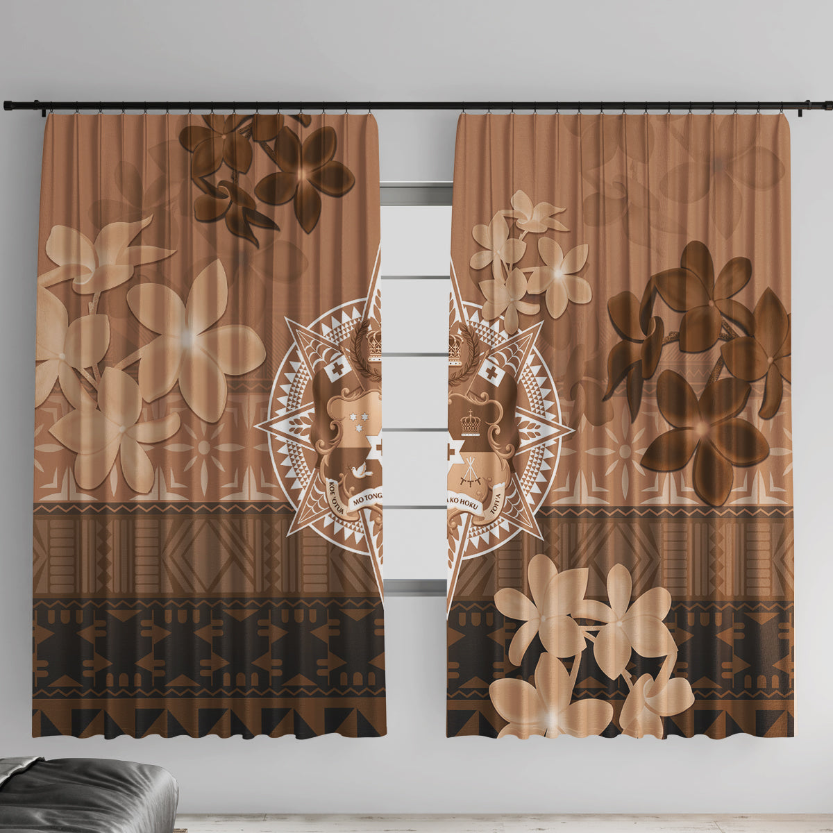 Tonga Emancipation Day Window Curtain Tongan Kupesi Ngatu Pattern Vintage Style LT05 With Hooks Brown - Polynesian Pride