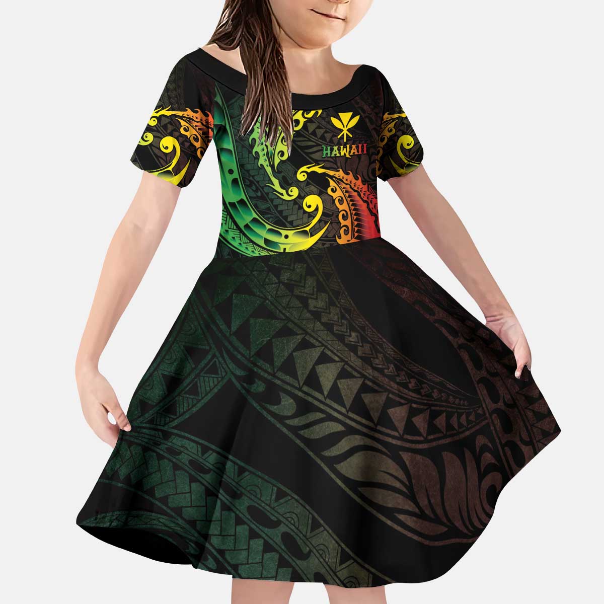 AAPI Heritage Month Kid Short Sleeve Dress Kanaka Maoli Polynesian Tribal Wave LT05 KID Reggae - Polynesian Pride