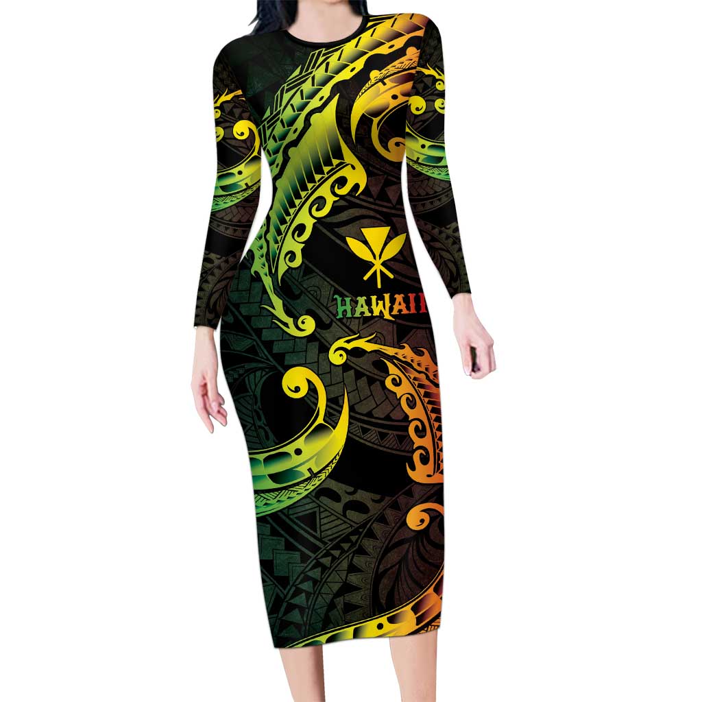 AAPI Heritage Month Long Sleeve Bodycon Dress Kanaka Maoli Polynesian Tribal Wave LT05 Long Dress Reggae - Polynesian Pride