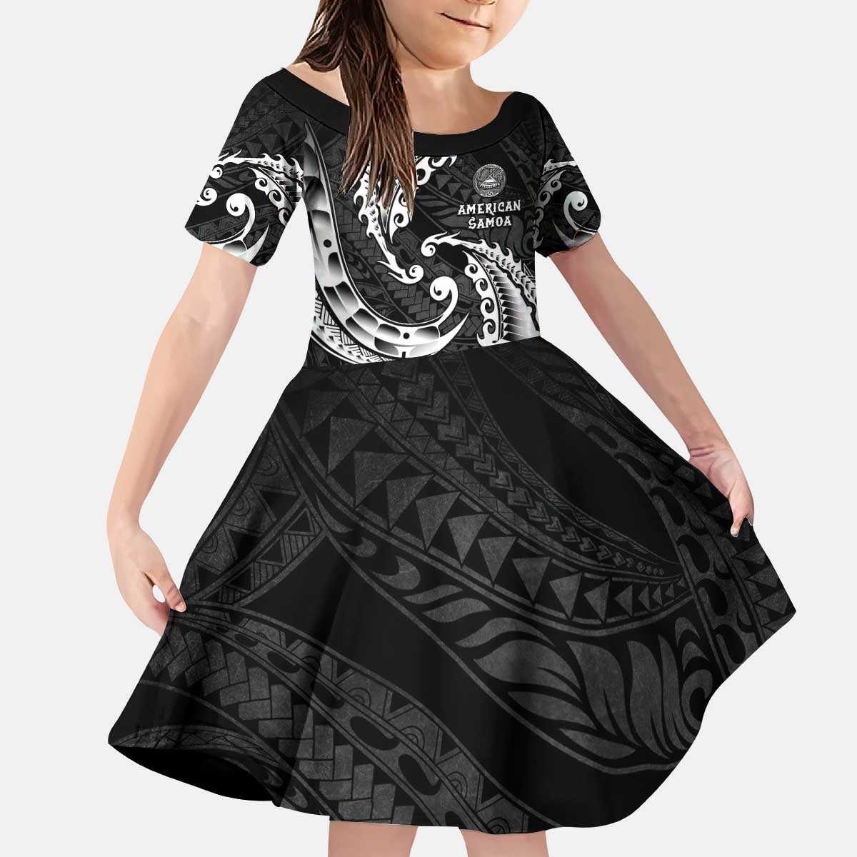 AAPI Heritage Month Kid Short Sleeve Dress American Samoa Polynesian Tribal Wave LT05 KID Black - Polynesian Pride