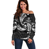 AAPI Heritage Month Off Shoulder Sweater American Samoa Polynesian Tribal Wave LT05 Women Black - Polynesian Pride