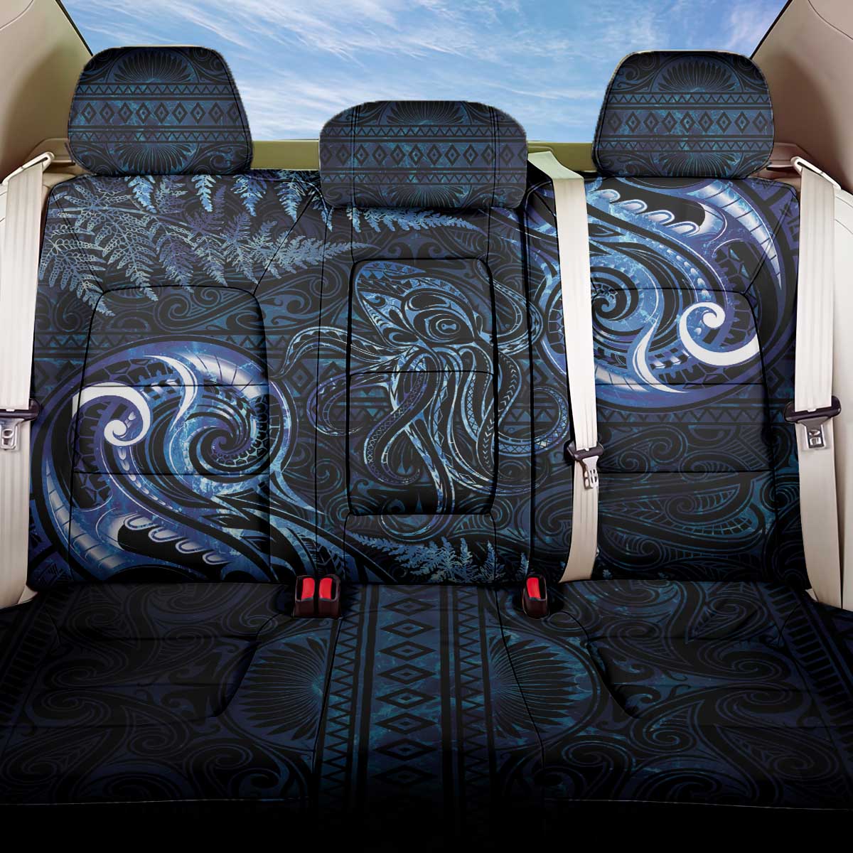 Aotearoa New Zealand Octopus Back Car Seat Cover Silver Fern Maori Pattern LT05 One Size Blue - Polynesian Pride