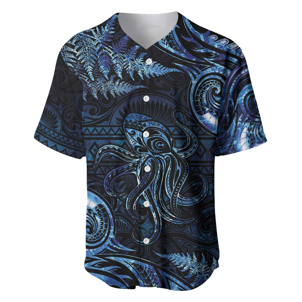 Aotearoa New Zealand Octopus Baseball Jersey Silver Fern Maori Pattern LT05 Blue - Polynesian Pride