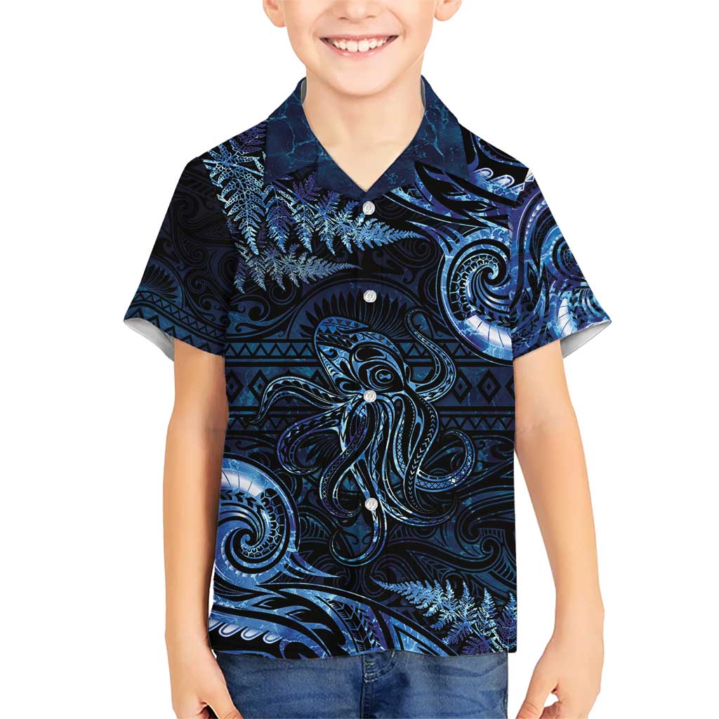 Aotearoa New Zealand Octopus Kid Hawaiian Shirt Silver Fern Maori Pattern LT05 Kid Blue - Polynesian Pride