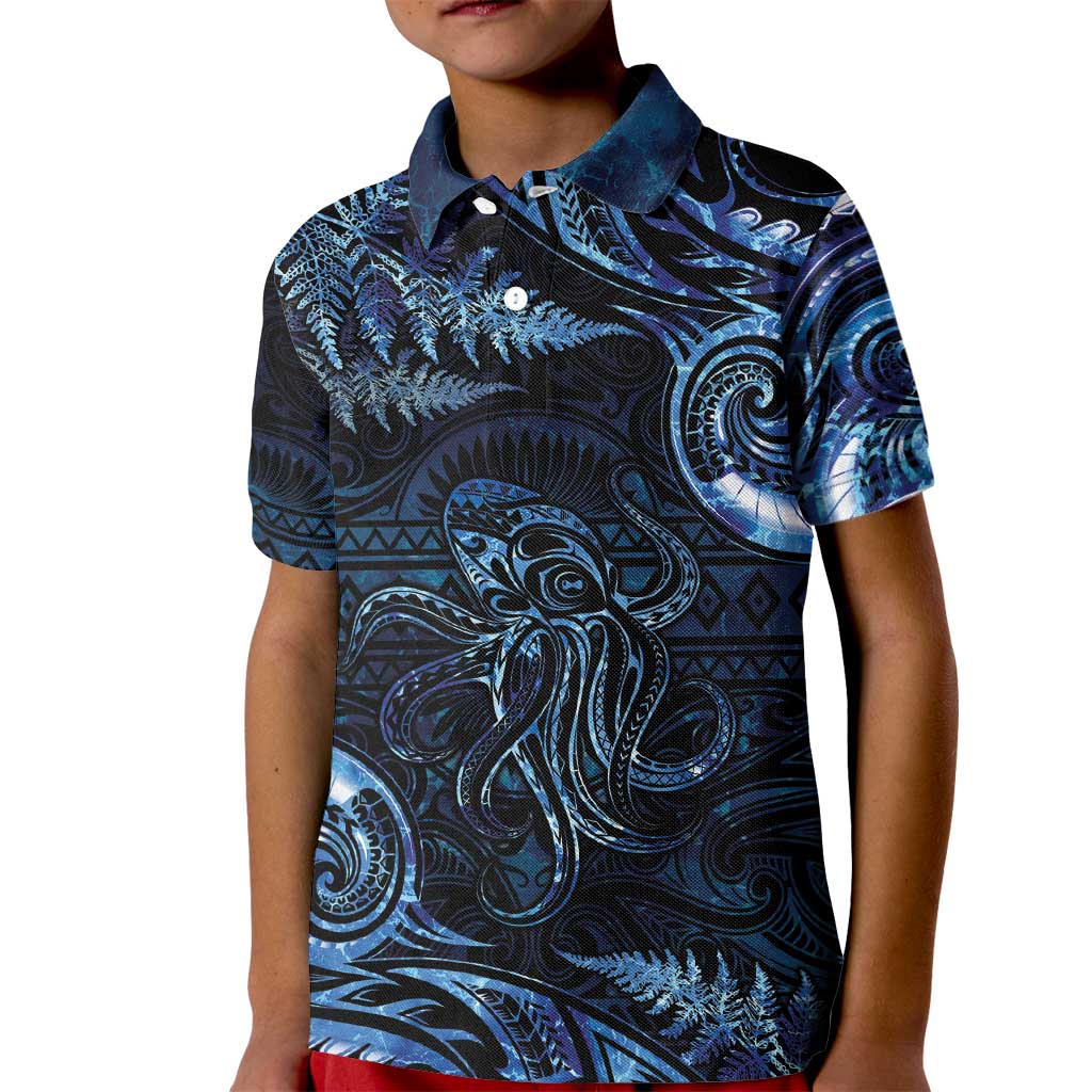 Aotearoa New Zealand Octopus Kid Polo Shirt Silver Fern Maori Pattern LT05 Kid Blue - Polynesian Pride