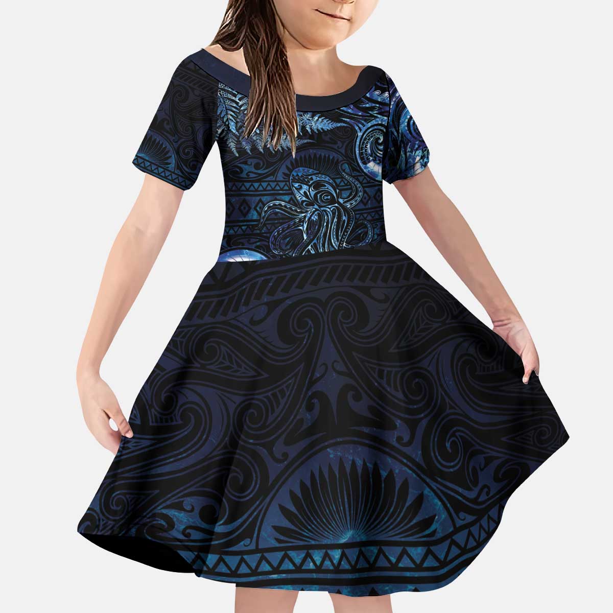 Aotearoa New Zealand Octopus Kid Short Sleeve Dress Silver Fern Maori Pattern LT05 KID Blue - Polynesian Pride