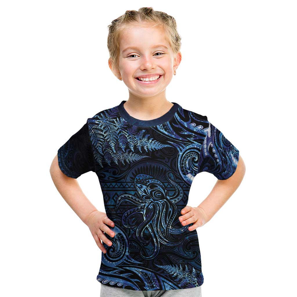 Aotearoa New Zealand Octopus Kid T Shirt Silver Fern Maori Pattern LT05 Blue - Polynesian Pride