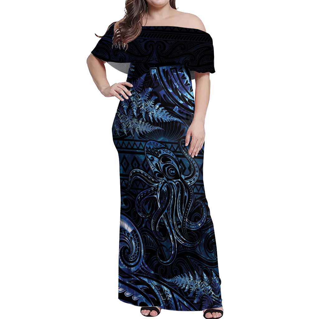 Aotearoa New Zealand Octopus Off Shoulder Maxi Dress Silver Fern Maori Pattern LT05 Women Blue - Polynesian Pride