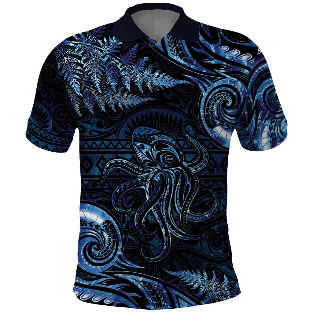 Aotearoa New Zealand Octopus Polo Shirt Silver Fern Maori Pattern LT05 Blue - Polynesian Pride