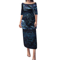 Aotearoa New Zealand Octopus Puletasi Silver Fern Maori Pattern LT05 Long Dress Blue - Polynesian Pride