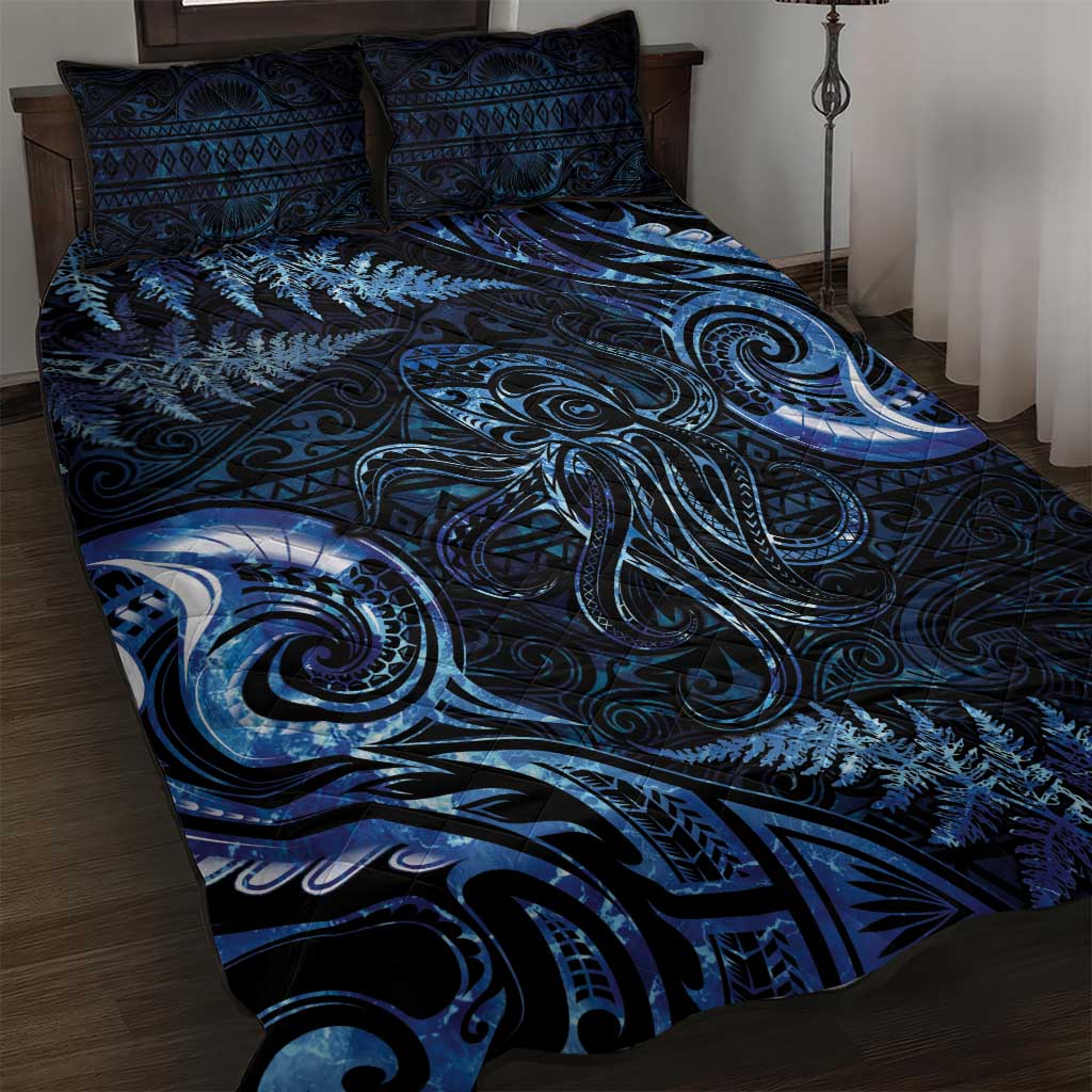 Aotearoa New Zealand Octopus Quilt Bed Set Silver Fern Maori Pattern LT05 Blue - Polynesian Pride