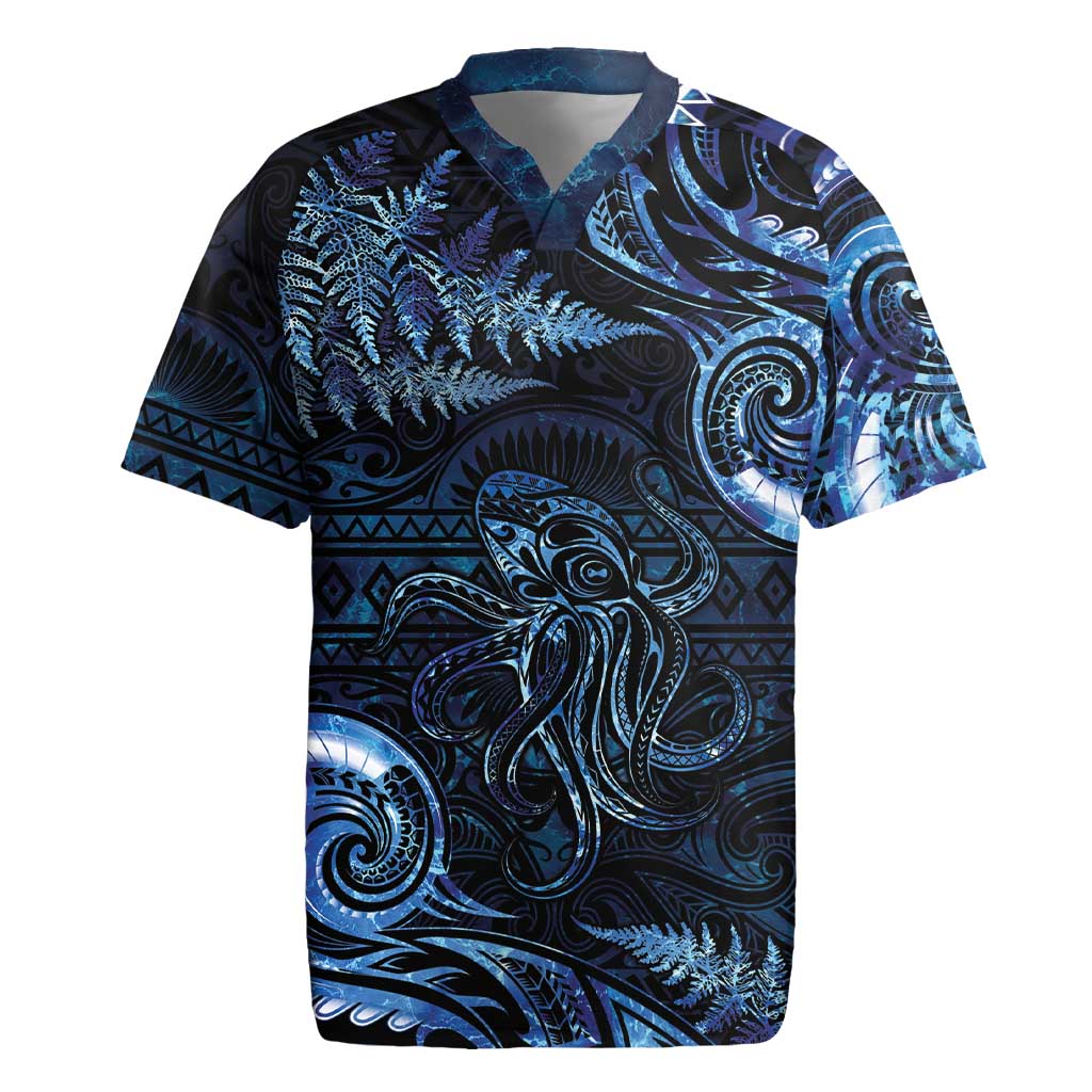 Aotearoa New Zealand Octopus Rugby Jersey Silver Fern Maori Pattern LT05 Blue - Polynesian Pride