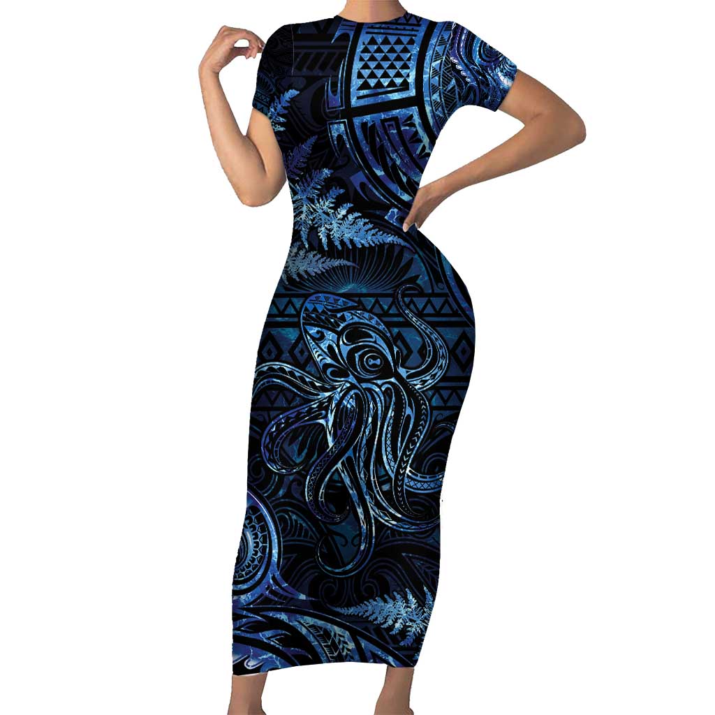 Aotearoa New Zealand Octopus Short Sleeve Bodycon Dress Silver Fern Maori Pattern