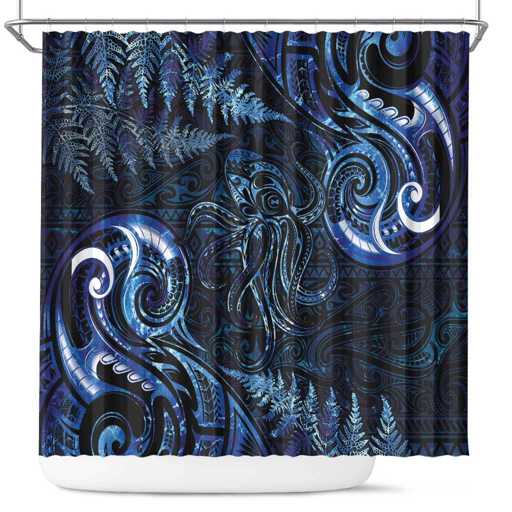 Aotearoa New Zealand Octopus Shower Curtain Silver Fern Maori Pattern LT05 Blue - Polynesian Pride