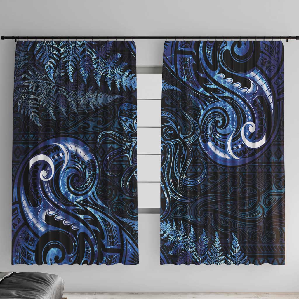 Aotearoa New Zealand Octopus Window Curtain Silver Fern Maori Pattern LT05 With Hooks Blue - Polynesian Pride