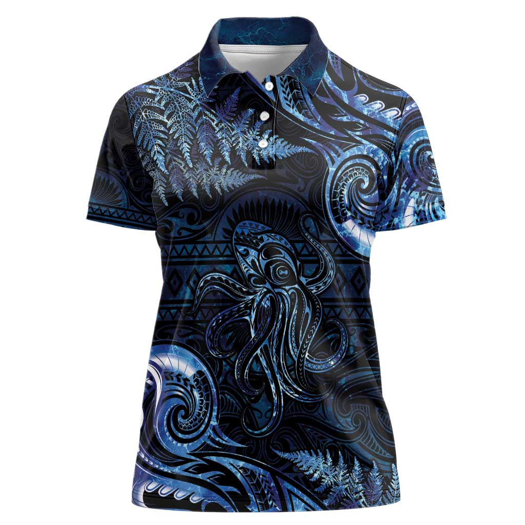 Aotearoa New Zealand Octopus Women Polo Shirt Silver Fern Maori Pattern