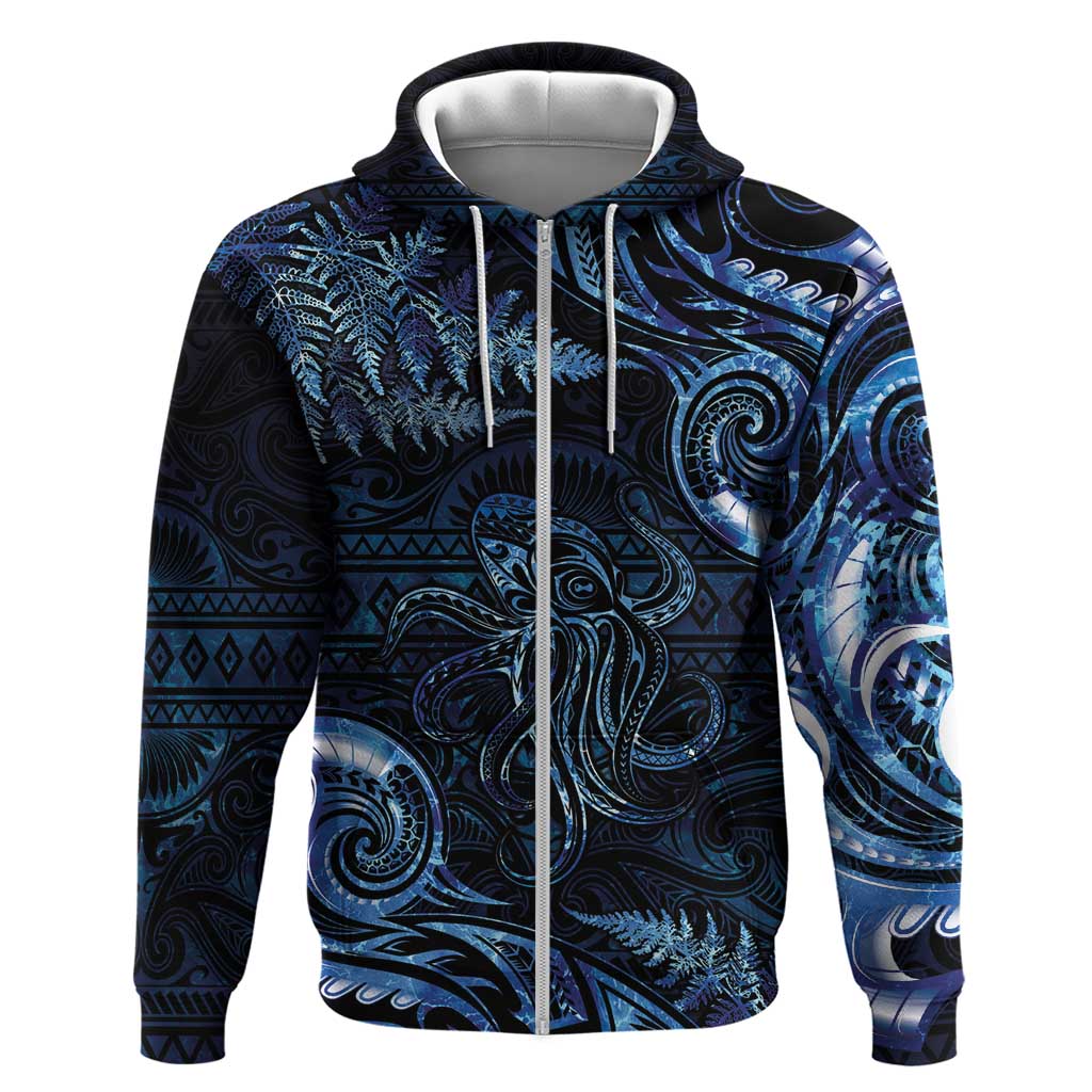Aotearoa New Zealand Octopus Zip Hoodie Silver Fern Maori Pattern LT05 Zip Hoodie Blue - Polynesian Pride